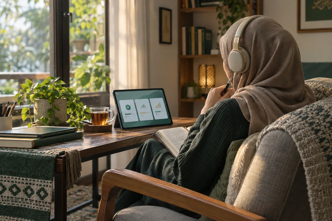 Seorang Muslimah belajar mandiri dengan tablet dan headphone di rumah